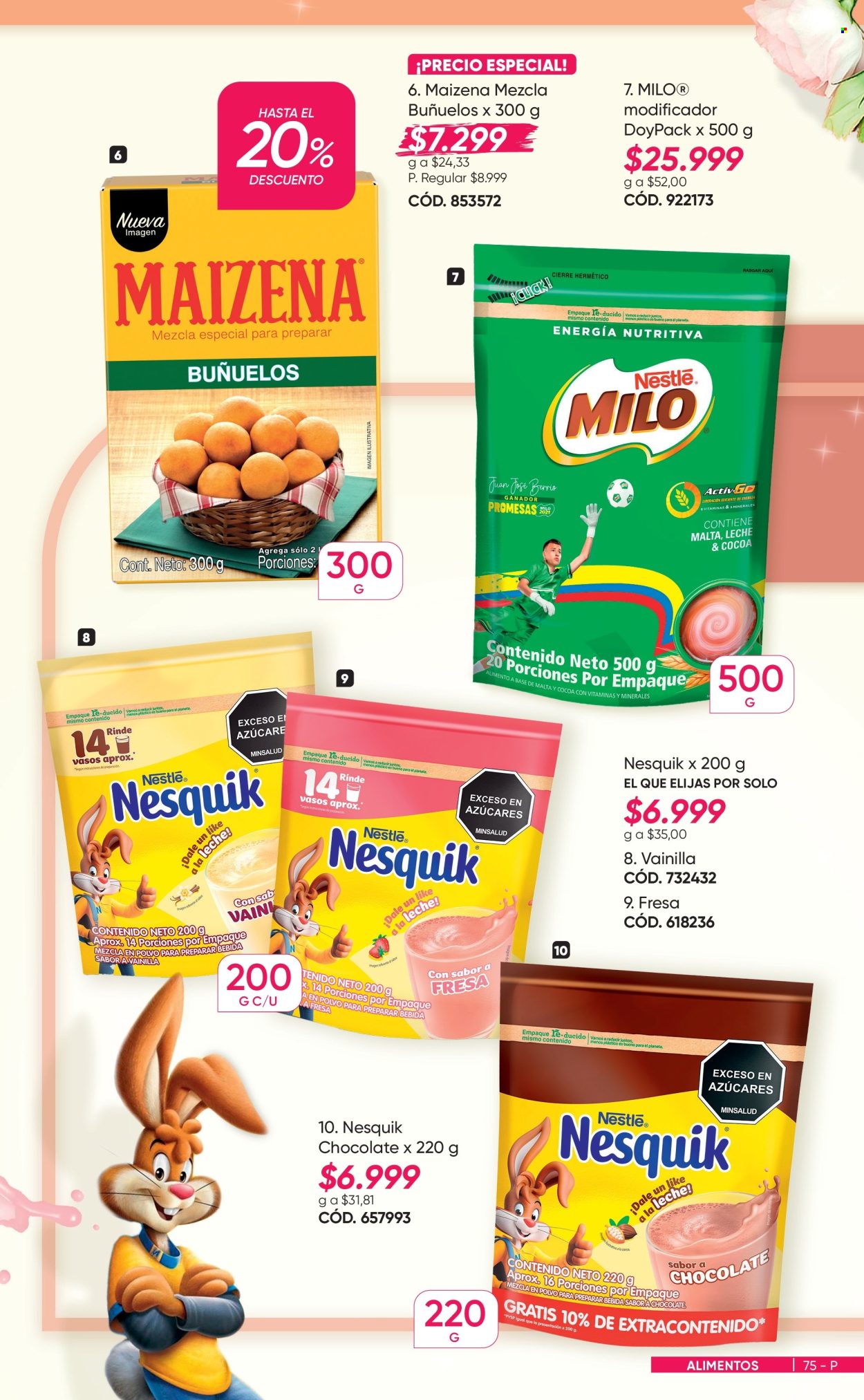 thumbnail - Folleto actual Azzorti - Ventas - buñuelos, Nestlé, bebida, maizena, Nesquik, vaso, caja hermética. Página 75.